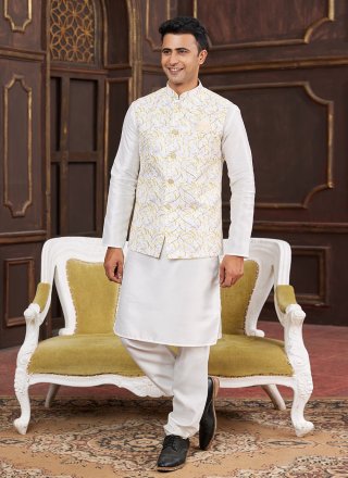 Cream and Yellow Art Silk Digital Print Work Kurta Payjama with Jacket