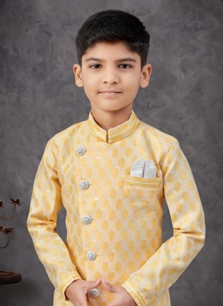 Cream and Yellow Banarasi Silk Indo Western Sherwani with Buttons and Thread Work