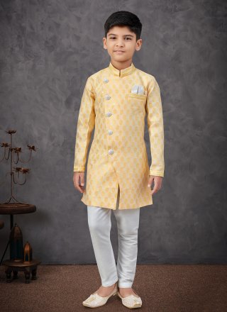 Cream and Yellow Banarasi Silk Indo Western Sherwani with Buttons and Thread Work