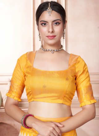 Cream and Yellow Kanjivaram Silk Trendy Saree with Woven Work for Ceremonial