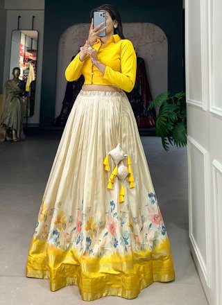 Cream and Yellow Silk Readymade Lehenga Choli with Floral Patch Work