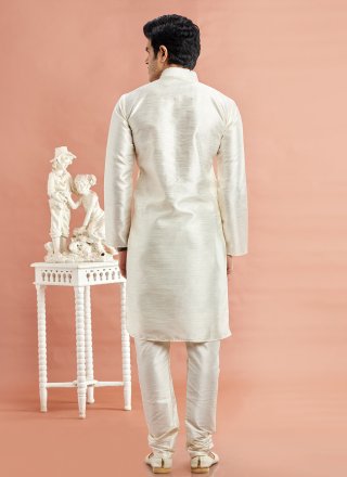 Cream Art Banarasi Silk Machine Embroidery and Mirror Work Kurta Pyjama for Casual