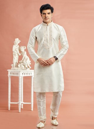 Cream Art Banarasi Silk Machine Embroidery and Mirror Work Kurta Pyjama for Casual