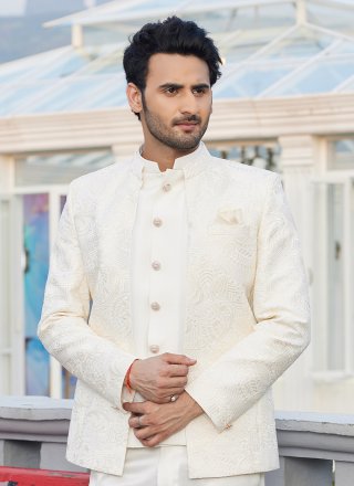 Cream Art Silk Jodhpuri Jacket with Machine Embroidery and Thread Work for Men