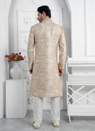 Cream Art Silk Sherwani Mens Wear