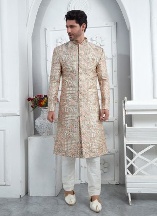 Cream Art Silk Sherwani Mens Wear