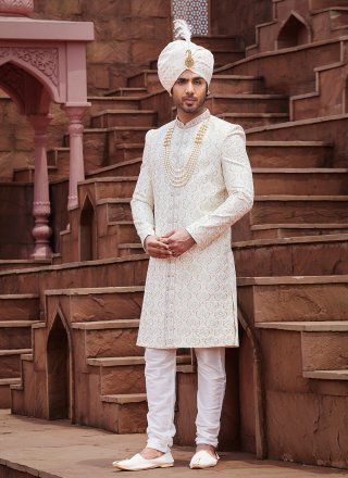 Cream Art Silk Sherwani Mens Wear with Embroidered, Hand and Thread Work for Men