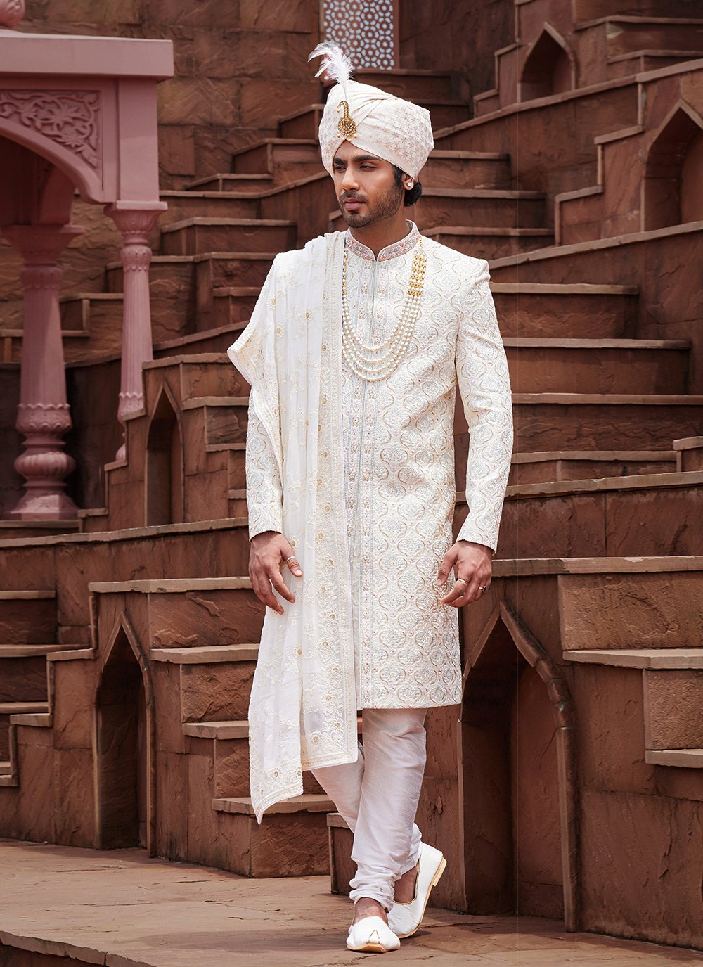 Shop Cream Art Silk Sherwani Mens Wear with Embroidered, Hand and