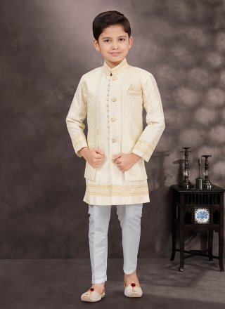 Cream Banarasi Silk Buttons, Stone and Thread Work Sherwani Kids Wear for Festival