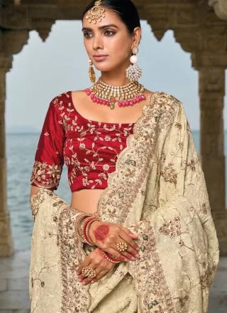 Cream Banarasi Silk Classic Sari with Embroidered, Sequins, Stone, Weaving and Zari Work