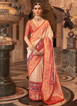 Cream Banarasi Silk Contemporary Sari with Meenakari and Weaving Work for Engagement
