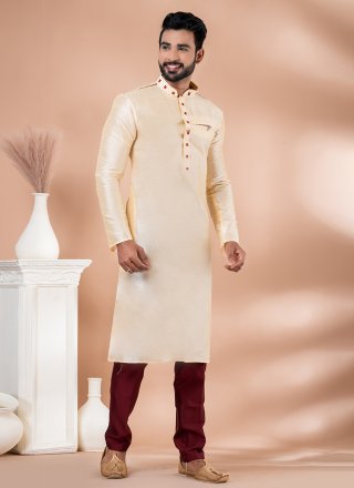Cream Banarasi Silk Fancy Work Kurta Pyjama for Engagement