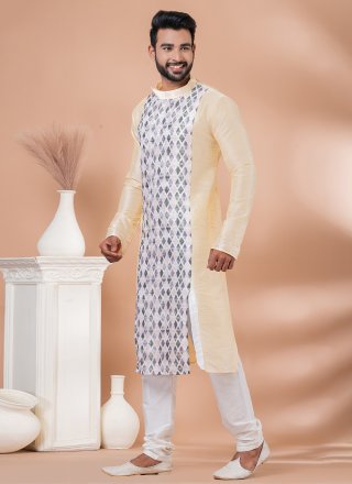 Cream Banarasi Silk Kurta Pyjama with Fancy Work for Men