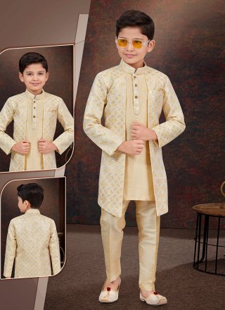 Cream Banarasi Silk Machine Embroidery and Sequins Work Sherwani Kids Wear
