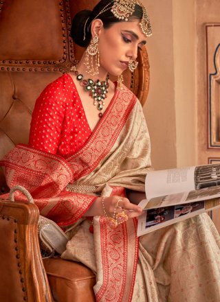 Cream Banarasi Silk Trendy Saree with Weaving Work