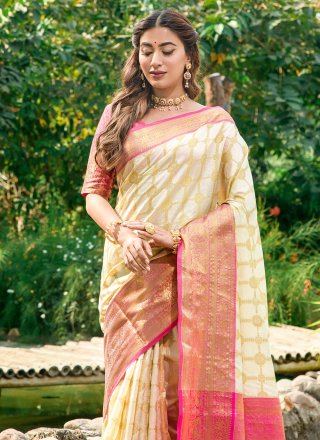 Cream Banarasi Silk Weaving Work Trendy Saree