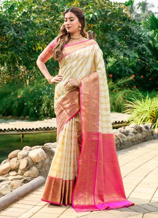 Linen Base Cream Color Double Blouse Saree With Silk Weave