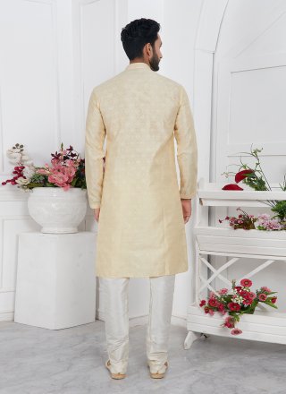 Cream Brocade Kurta Pyjama with Pintex Work for Men