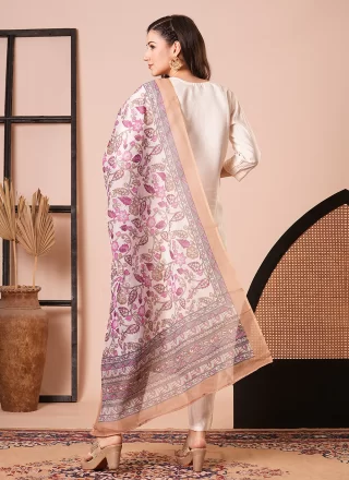 Cream Chanderi Pant Style Suit with Embroidered and Print Work