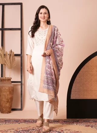 Cream Chanderi Pant Style Suit with Embroidered and Print Work
