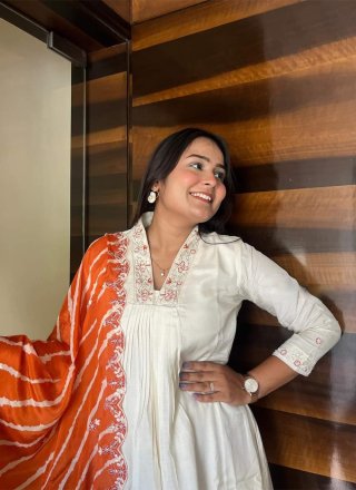 Cream Chanderi Pant Style Suit with Embroidered and Print Work for Women