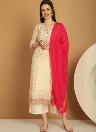 Cream Chanderi Print Work Readymade Salwar Suit