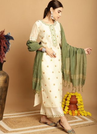 Cream Chanderi Trendy Suit with Embroidered Work for Ceremonial