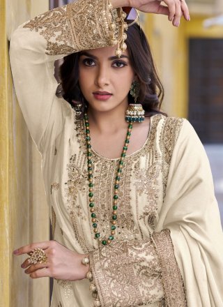 Cream Chinon Beads, Embroidered and Sequins Work Pakistani Salwar Suit for Ceremonial