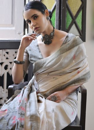 Cream Cotton Contemporary Sari