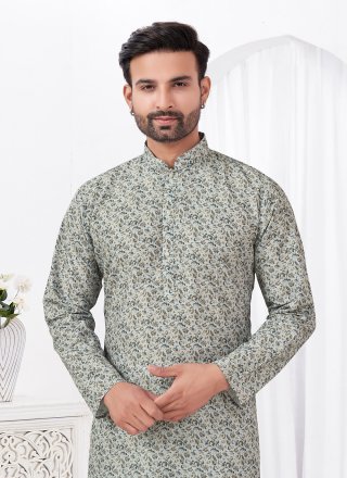 Cream Cotton Kurta Pyjama with Digital Print Work for Men