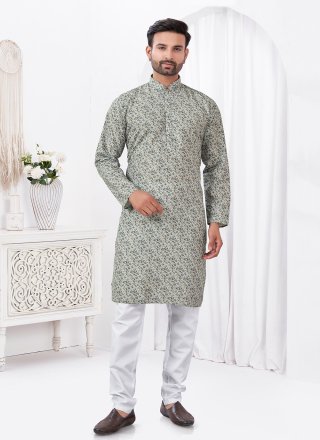 Cream Cotton Kurta Pyjama with Digital Print Work for Men