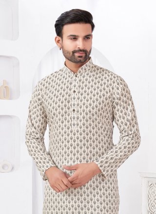 Cream Cotton Kurta Pyjama with Digital Print Work for Men