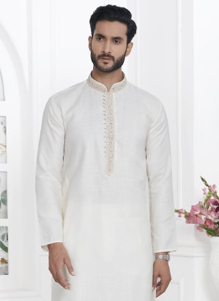 Cream Cotton Kurta Pyjama with Fancy and Plain Work