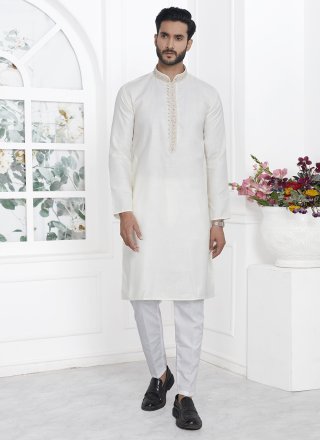 Cream Cotton Kurta Pyjama with Fancy and Plain Work