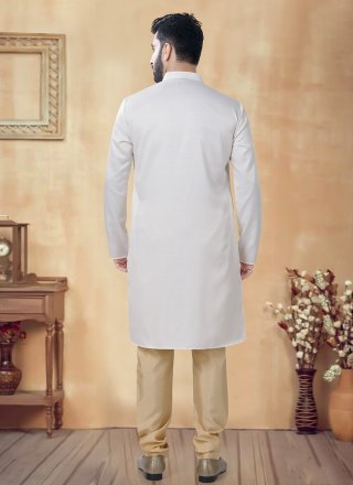Cream Cotton Plain Work Kurta Pyjama for Men