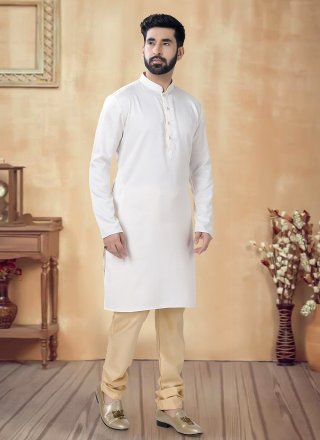 Cream Cotton Plain Work Kurta Pyjama for Men