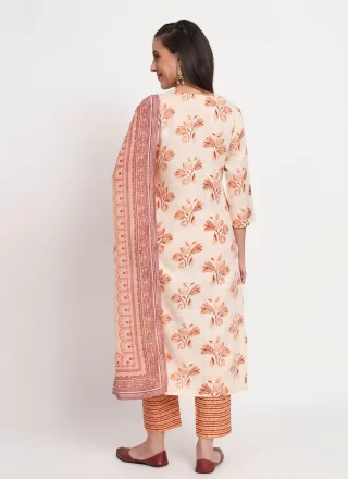 Cream Cotton Print Work Salwar Suit
