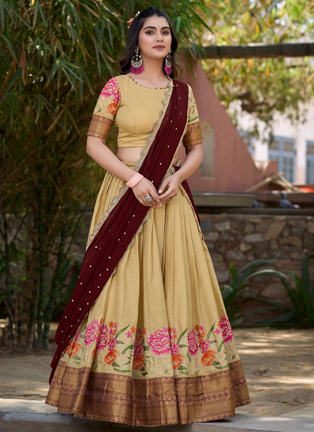 Shop Online Cream Embroidered and Sequins Work Cotton Silk Lehenga