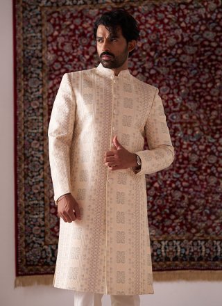 Cream Embroidered Work Silk Sherwani Mens Wear