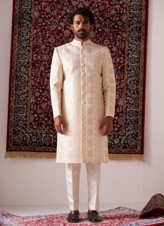 Cream Embroidered Work Silk Sherwani Mens Wear