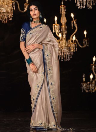 Cream Fancy Fabric Patch Border, Embroidered and Sequins Work Contemporary Saree for Engagement