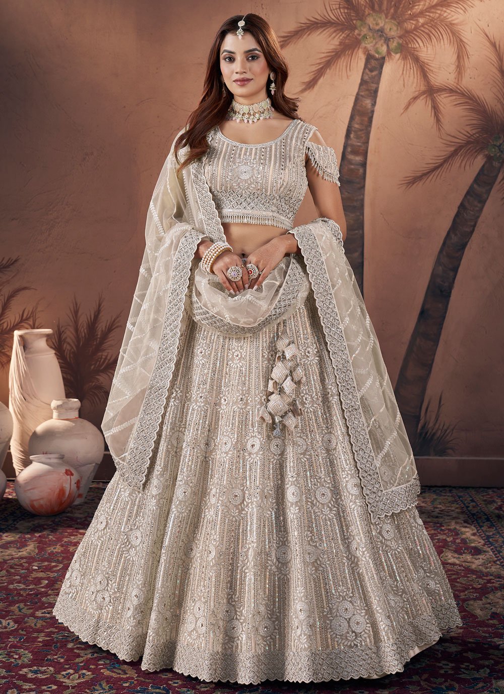 Cream Georgette A Line Lehenga Choli