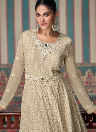 Cream Georgette Chikankari, Embroidered and Sequins Work Gown for Ceremonial