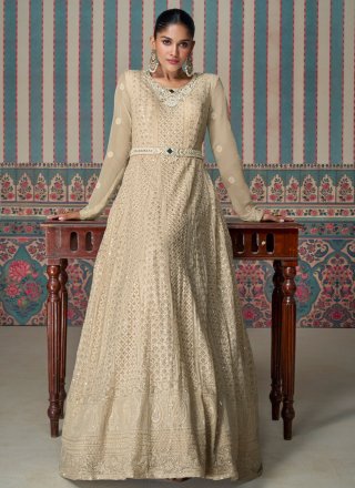 Cream Georgette Chikankari, Embroidered and Sequins Work Gown for Ceremonial