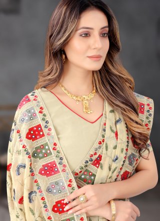Cream Georgette Embroidered, Mirror, Sequins and Zari Work Classic Sari for Ceremonial