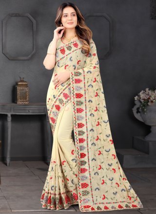Cream Georgette Embroidered, Mirror, Sequins and Zari Work Classic Sari for Ceremonial