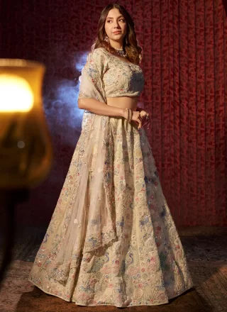 Cream Georgette Lehenga Choli with Cut Dana, Embroidered, Sequins, Stone and Thread Work for Engagement