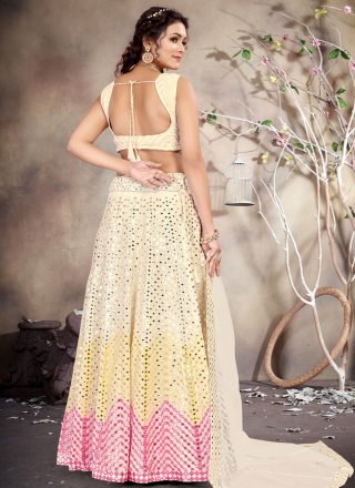 Cream Georgette Lehenga Choli with Embroidered, Mirror and Thread Work for Ceremonial