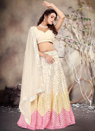 Cream Georgette Lehenga Choli with Embroidered, Mirror and Thread Work for Ceremonial