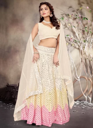 Cream Georgette Lehenga Choli with Embroidered, Mirror and Thread Work for Ceremonial